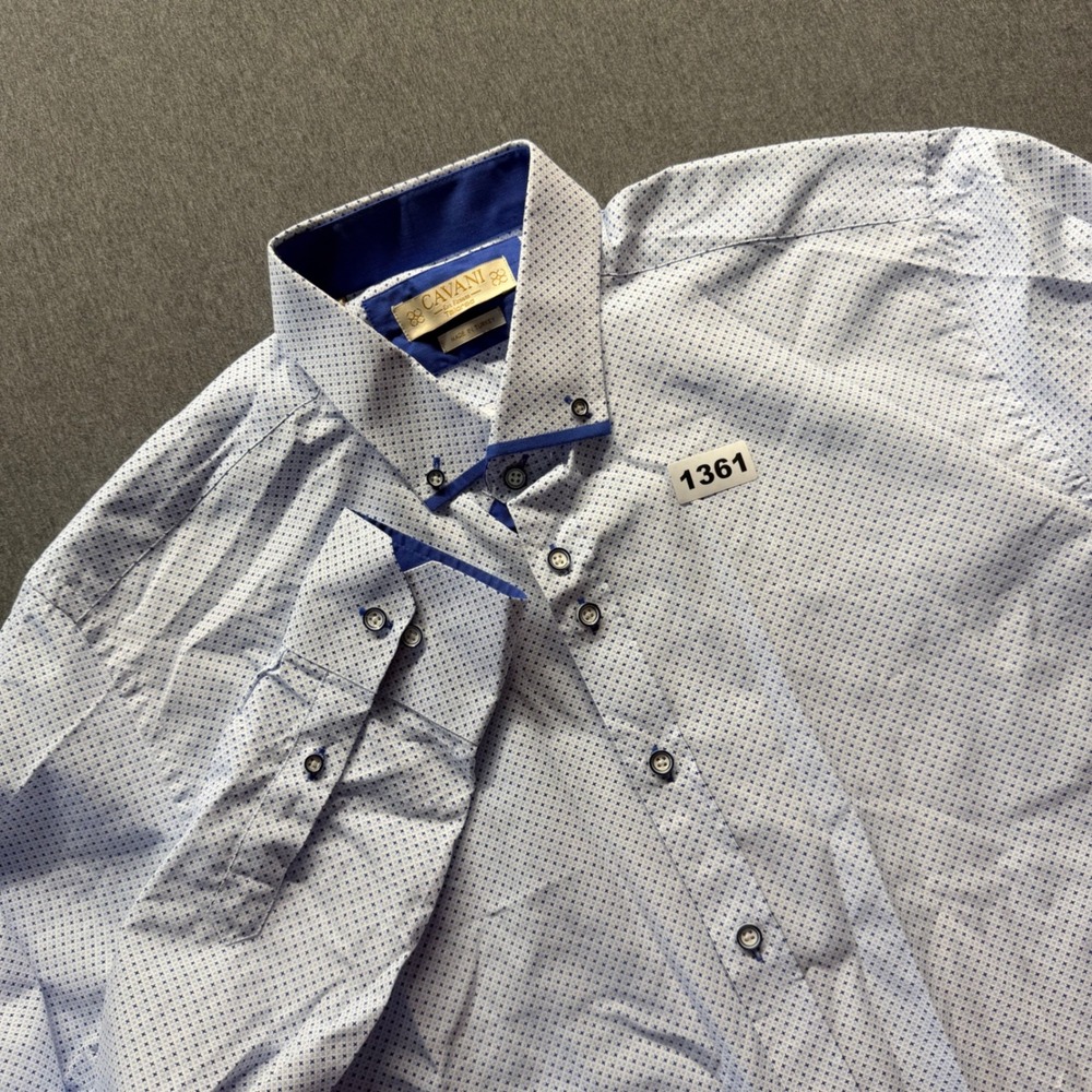House of Cavani Mens Blue White Geometric Print Long Sleeve Button Down Shirt